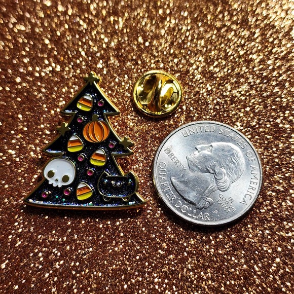 3/$20 Halloween Decorated Black Glitter Tree Skull Pumpkin Candy Cat Enamel Pin - Picture 2 of 2